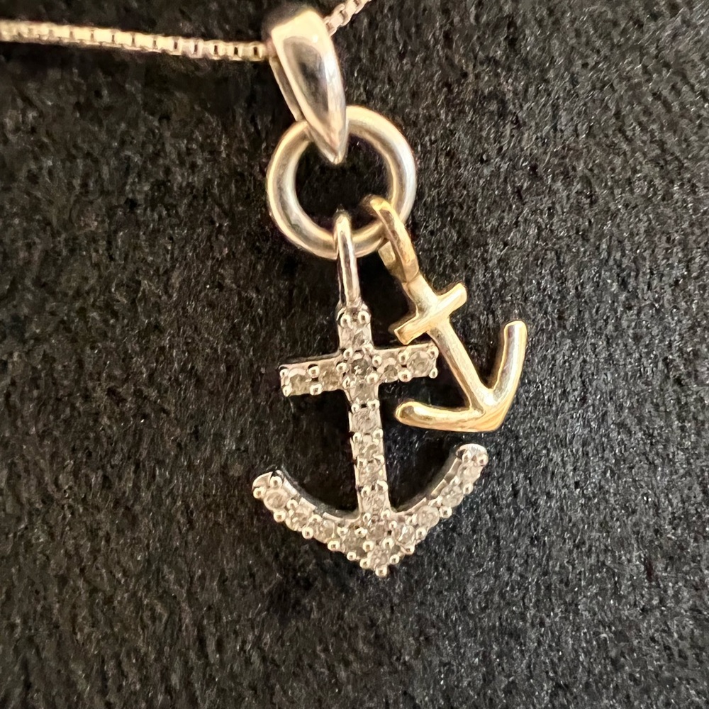14k Two Tone Diamond Anchor Necklace - Picture 2 of 5